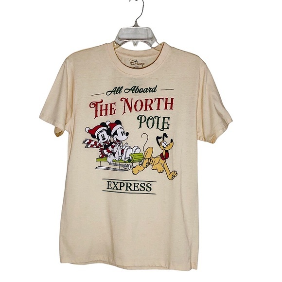 Disney Tops - Disney All Aboard The North Pole Express Holidays  Light Cream‎ T-shirt Unisex M